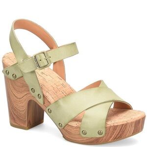 Kork-Ease Drew Criss-Cross Wood Heeled Light Green Leather Sandals